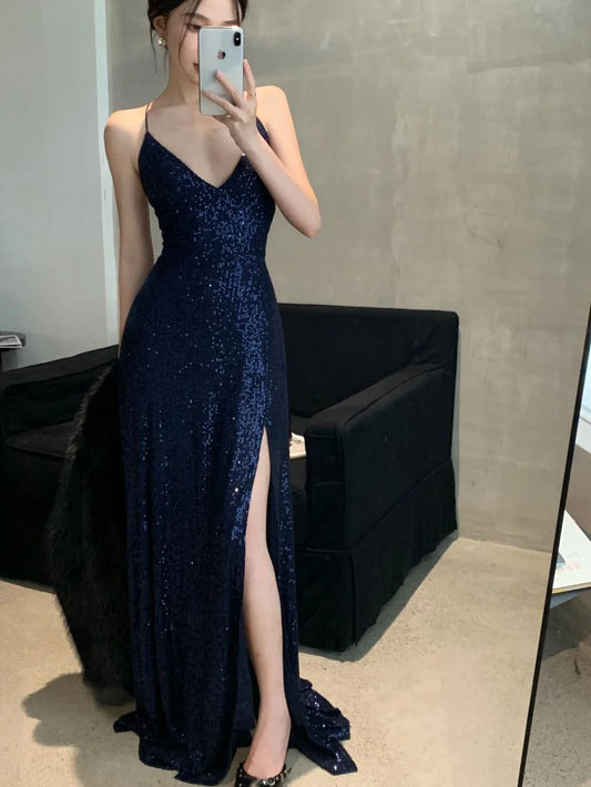 Sexy Sheath Spaghetti Straps Navy Blue Sequin Floor Length Evening Dress Sequin Prom Dresses P2393