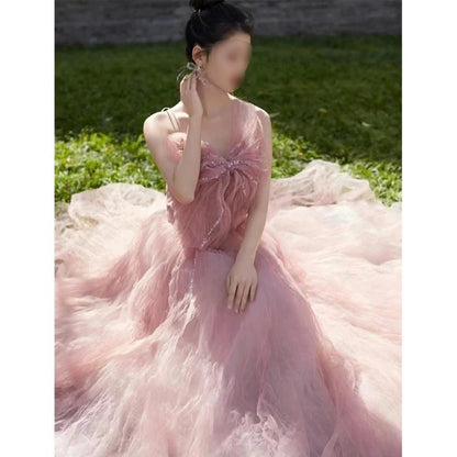 Sexy Ballkleid Spaghettiträger Rosa Tüll Abendkleid Ballkleider P2394