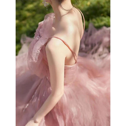 Sexy Ballkleid Spaghettiträger Rosa Tüll Abendkleid Ballkleider P2394