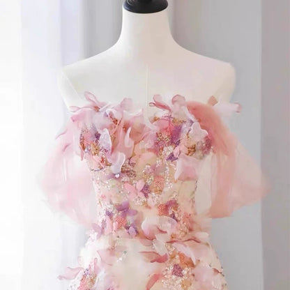 Sexy A-Linien Off-Shoulder Rosa Tüll Bodenlanges Blumenmuster Ballkleid P2395