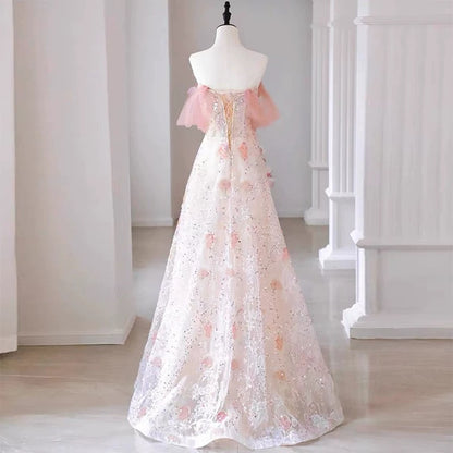 Sexy A-Linien Off-Shoulder Rosa Tüll Bodenlanges Blumenmuster Ballkleid P2395