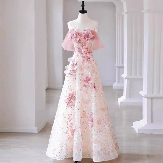 Sexy A Line Off The Shoulder Pink Tulle Floor Length Floral Prom Dresses P2395