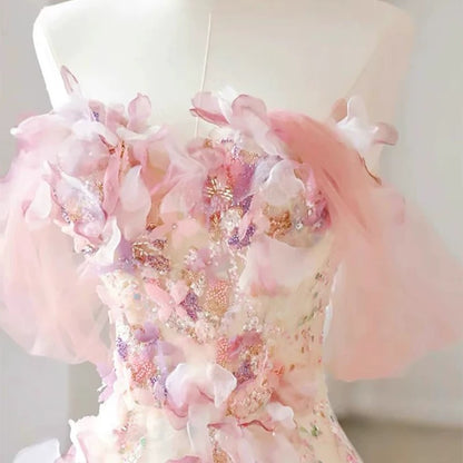Sexy A-Linien Off-Shoulder Rosa Tüll Bodenlanges Blumenmuster Ballkleid P2395