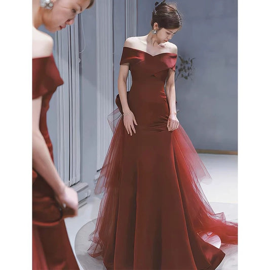 Sexy Mermaid Off The Shoulder Burgundy Tulle Floor Length Floral Prom Dresses P2396