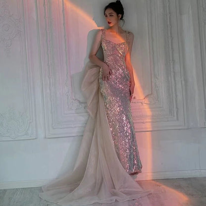 Sexy Meerjungfrau-Abendkleid mit eckigem Ausschnitt, Pailletten und bodenlangem Blumenmuster P2397