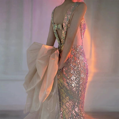 Sexy Meerjungfrau-Abendkleid mit eckigem Ausschnitt, Pailletten und bodenlangem Blumenmuster P2397