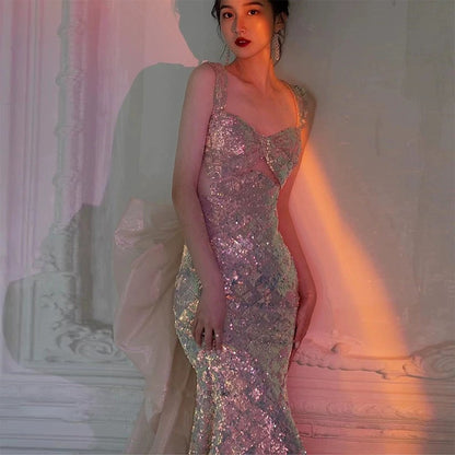 Sexy Meerjungfrau-Abendkleid mit eckigem Ausschnitt, Pailletten und bodenlangem Blumenmuster P2397