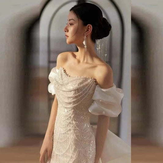 Sexy Meerjungfrau Off Shoulder kurze Ärmel Pailletten bodenlang Perlen Ballkleider P2398