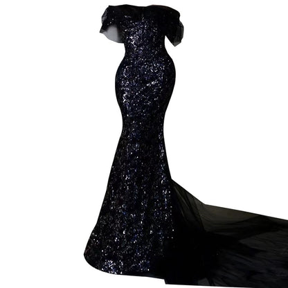 Sexy Meerjungfrau schulterfrei mit Flügelärmeln Pailletten bodenlang schwarze Ballkleider P2399