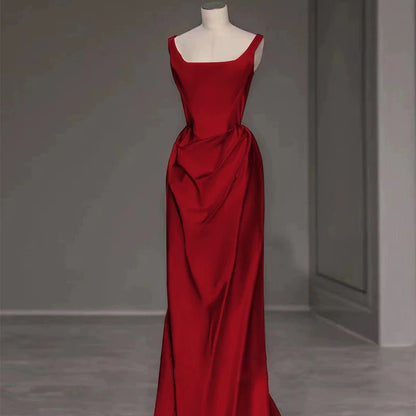 Sexy Meerjungfrau Quadratischer Ausschnitt Rotes Satin Bodenlanges Ballkleid P2402