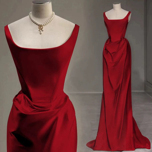 Sexy Mermaid Square Neckline Red Satin Floor Length Prom Dresses P2402