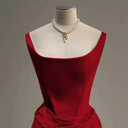 Sexy Meerjungfrau Quadratischer Ausschnitt Rotes Satin Bodenlanges Ballkleid P2402
