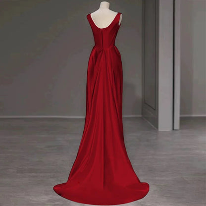 Sexy Meerjungfrau Quadratischer Ausschnitt Rotes Satin Bodenlanges Ballkleid P2402