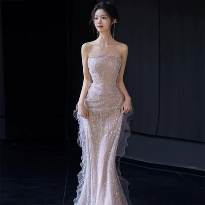 Sexy Meerjungfrauen Abendkleid mit Herzausschnitt Pailletten Perlen Bodenlang Ballkleider P2403
