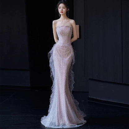 Sexy Meerjungfrauen Abendkleid mit Herzausschnitt Pailletten Perlen Bodenlang Ballkleider P2403
