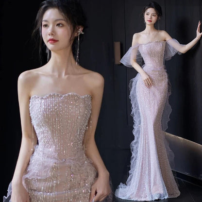 Sexy Meerjungfrauen Abendkleid mit Herzausschnitt Pailletten Perlen Bodenlang Ballkleider P2403