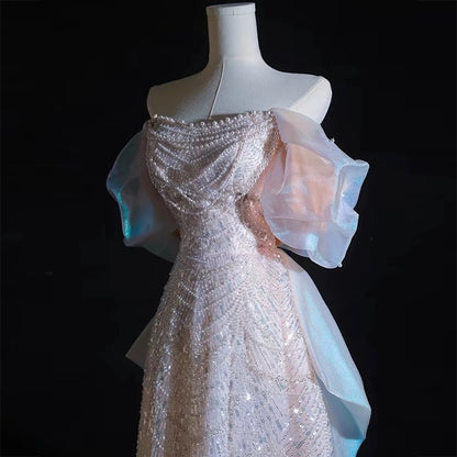 Modest A line Off The Shoulder Pink Sequin Long Floor Length Pearls Pr PreppyDress Modest A line Off The Shoulder Pink Sequin Long Floor Length Pearls Pr PreppyDress
