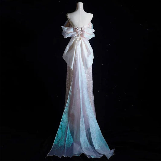 Modest A line Off The Shoulder Pink Sequin Long Floor Length Pearls Prom Dresses P2404