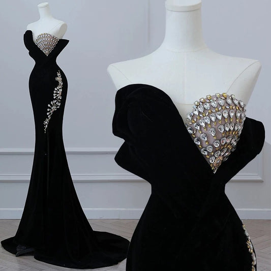 Modest Mermaid Strapless Black Long Floor Length Beads Prom Dresses P2405