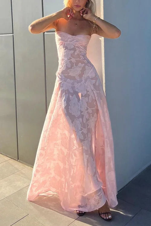 Sexy Mermaid Spaghetti Straps Pink Lace Long Evening Dress Party Dress Prom Dress P2411