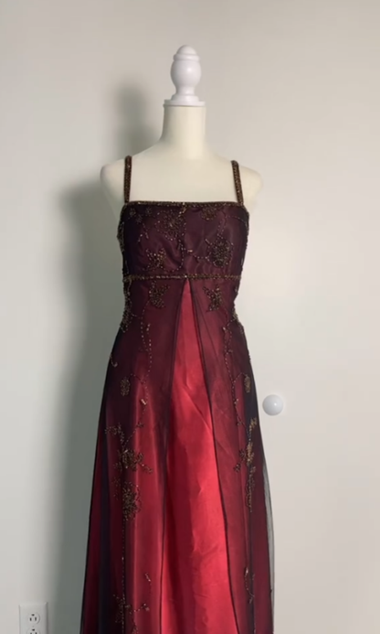 Robe de Soirée Longue Bordeaux A-Line à Bretelles Fines, Robe de Bal P2412