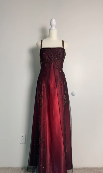 Robe de Soirée Longue Bordeaux A-Line à Bretelles Fines, Robe de Bal P2412