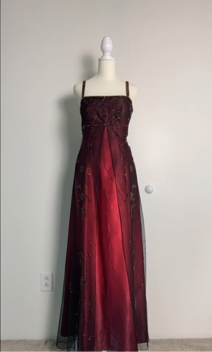 Robe de Soirée Longue Bordeaux A-Line à Bretelles Fines, Robe de Bal P2412
