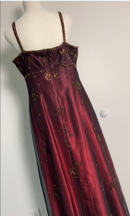 Robe de Soirée Longue Bordeaux A-Line à Bretelles Fines, Robe de Bal P2412