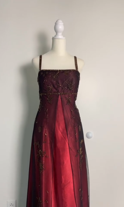 Robe de Soirée Longue Bordeaux A-Line à Bretelles Fines, Robe de Bal P2412