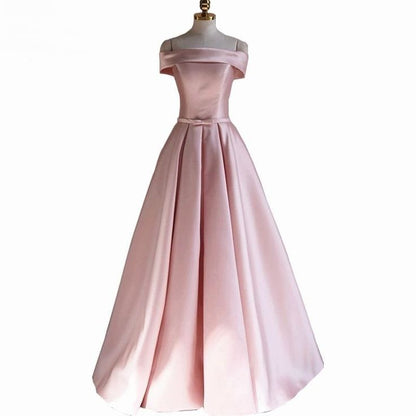 Modest Pink Satin Off The Shoulder Long Bridesmaid Dress Prom Dresses PreppyDress Modest Pink Satin Off The Shoulder Long Bridesmaid Dress Prom Dresses PreppyDress
