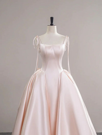 Helles Rosa Satin Spaghettiträger Langes Ballkleid, Wunderschönes Abendkleid mit Schleife P2415