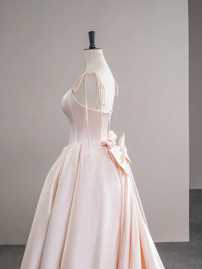 Helles Rosa Satin Spaghettiträger Langes Ballkleid, Wunderschönes Abendkleid mit Schleife P2415