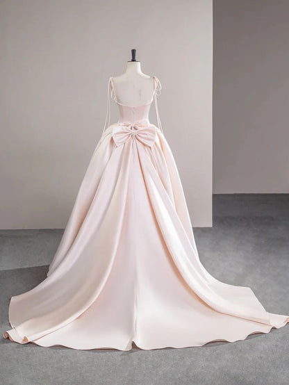 Helles Rosa Satin Spaghettiträger Langes Ballkleid, Wunderschönes Abendkleid mit Schleife P2415