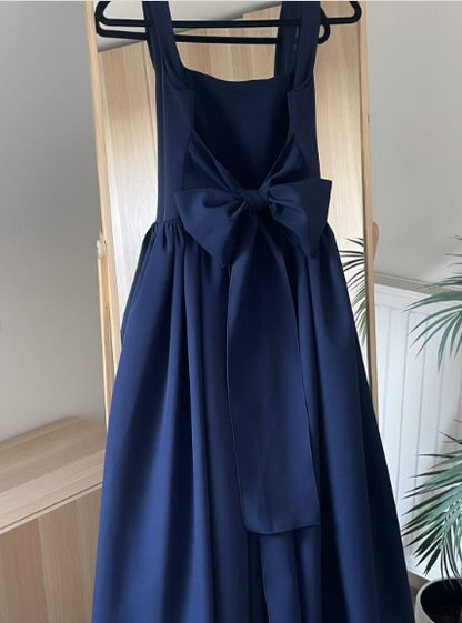 Süßes A-Linien-Träger-Ballkleid aus rosa Satin in Teelänge mit Schleife P2416