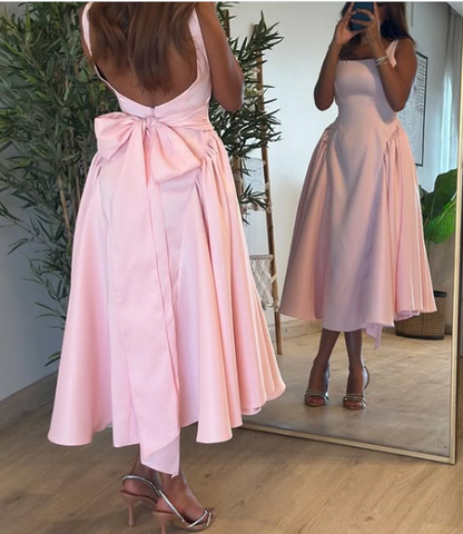 Süßes A-Linien-Träger-Ballkleid aus rosa Satin in Teelänge mit Schleife P2416