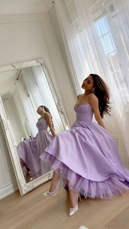 Simple A line Spaghetti Straps Pink Satin Prom Dresses Tea Length Birthday Dress P2426