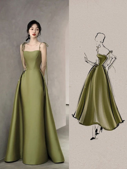 Simple A line Olive Green Long Satin Prom Dresses With Ruffles P2435