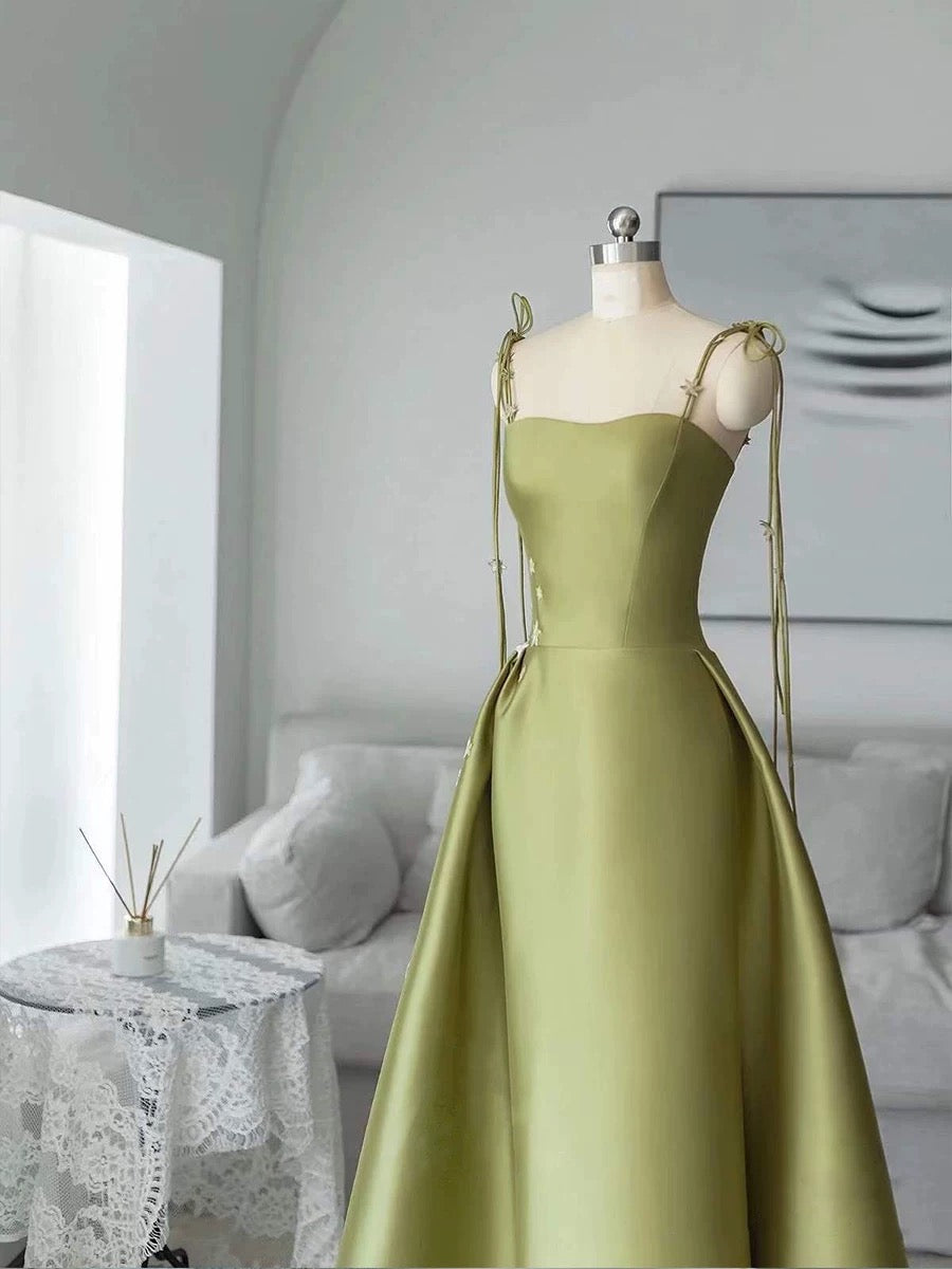 Simple A line Olive Green Long Satin Prom Dresses With Ruffles P2435