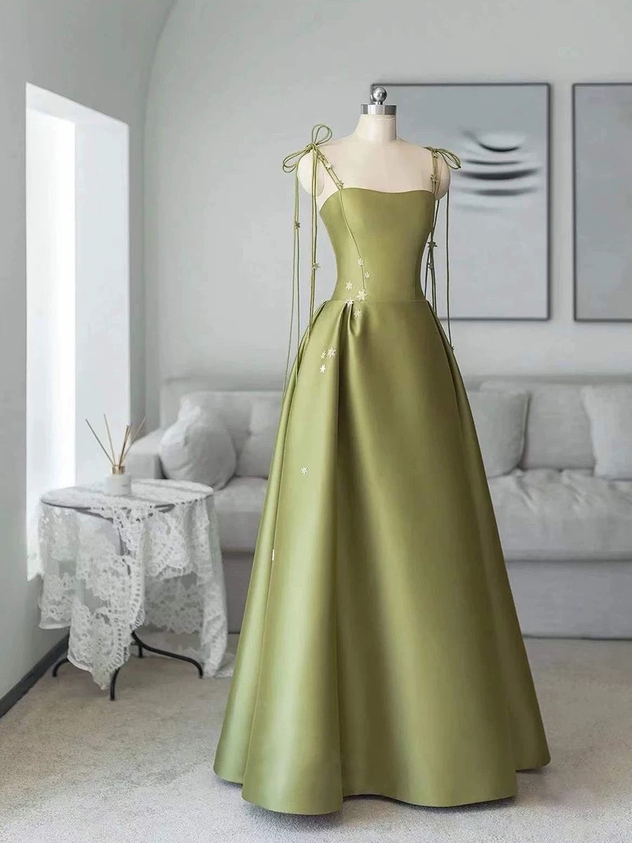 Simple A line Olive Green Long Satin Prom Dresses With Ruffles P2435