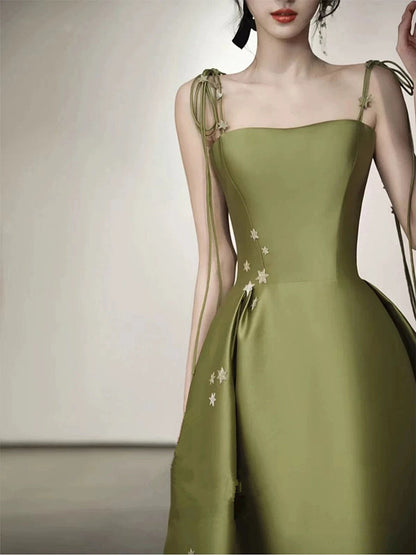 Simple A line Olive Green Long Satin Prom Dresses With Ruffles P2435