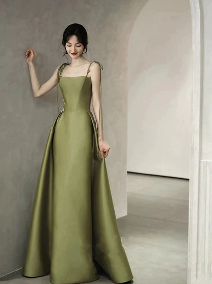 Simple A line Olive Green Long Satin Prom Dresses With Ruffles P2435