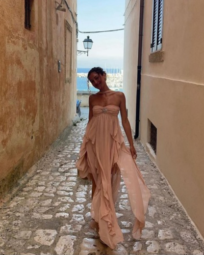 Sexy High-Low Herz-Ausschnitt Rosa Chiffon Langes Ballkleid Geburtstags-Outfits mit Rüschen P2439