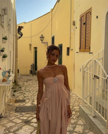 Sexy High-Low Herz-Ausschnitt Rosa Chiffon Langes Ballkleid Geburtstags-Outfits mit Rüschen P2439