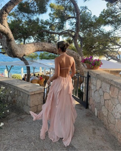 Sexy High-Low Herz-Ausschnitt Rosa Chiffon Langes Ballkleid Geburtstags-Outfits mit Rüschen P2439