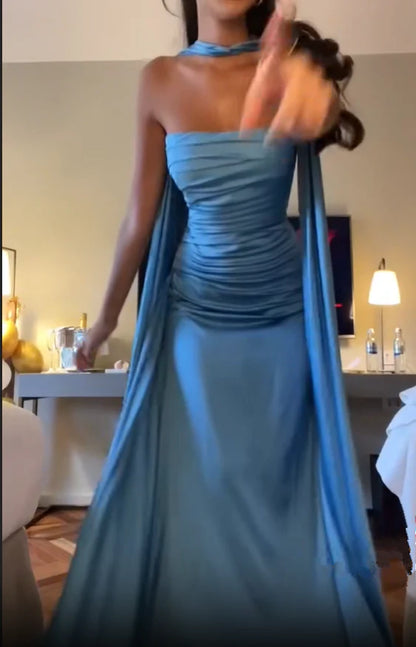 Einfache A-Linien-Spaghettiträger Blaue Satin-Ballkleider Geburtstags-Outfits P2450