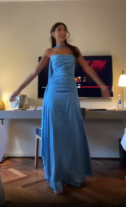 Einfache A-Linien-Spaghettiträger Blaue Satin-Ballkleider Geburtstags-Outfits P2450