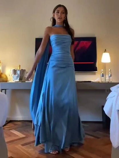Einfache A-Linien-Spaghettiträger Blaue Satin-Ballkleider Geburtstags-Outfits P2450