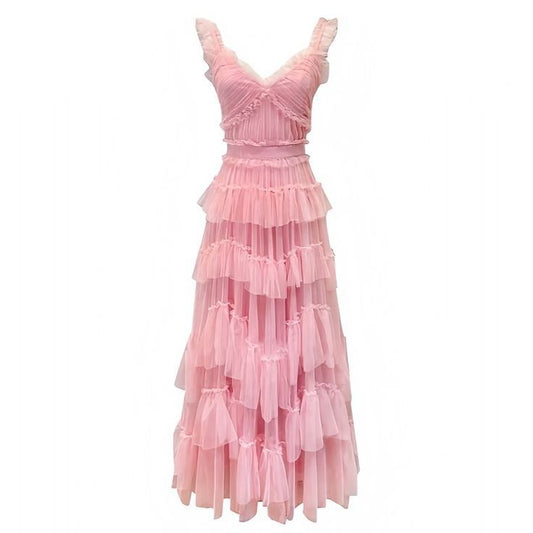 Pretty A Line V Neckline Tulle Ruffles Long Prom Dresses Party Evening Dress P2451
