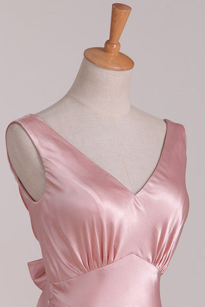 Robe de bal longue en satin rose avec col en V et sirène vintage, robe de soirée P2456
