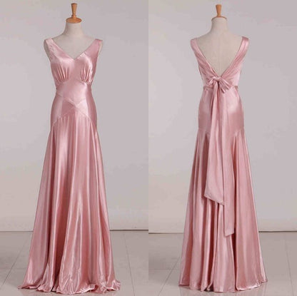 Robe de bal longue en satin rose avec col en V et sirène vintage, robe de soirée P2456